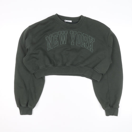 Zara Women Green Cropped Pullover Sweatshirt Size M New York Print