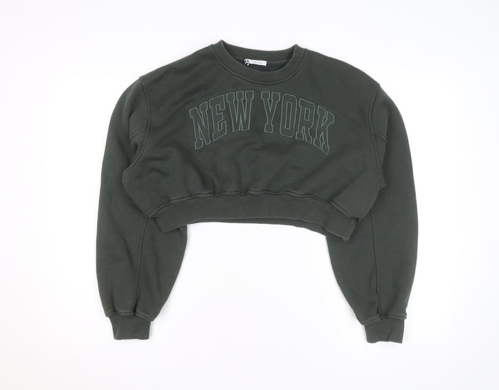 Zara Women Green Cropped Pullover Sweatshirt Size M New York Print