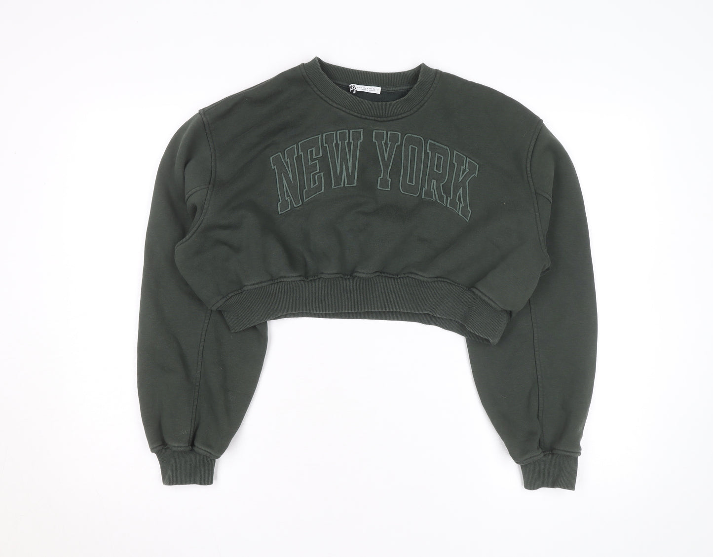 Zara Women Green Cropped Pullover Sweatshirt Size M New York Print