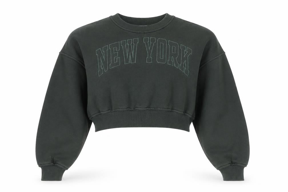 Front view of Zara Women Green Cropped Pullover Sweatshirt, size M, New York Print