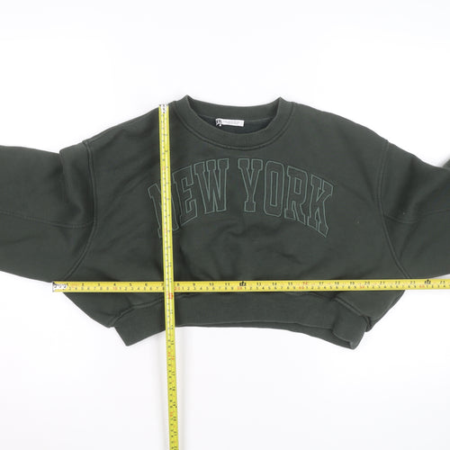 Zara Women Green Cropped Pullover Sweatshirt Size M New York Print