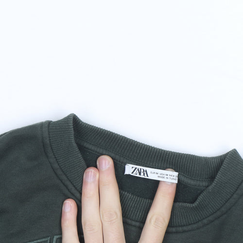 Zara Women Green Cropped Pullover Sweatshirt Size M New York Print