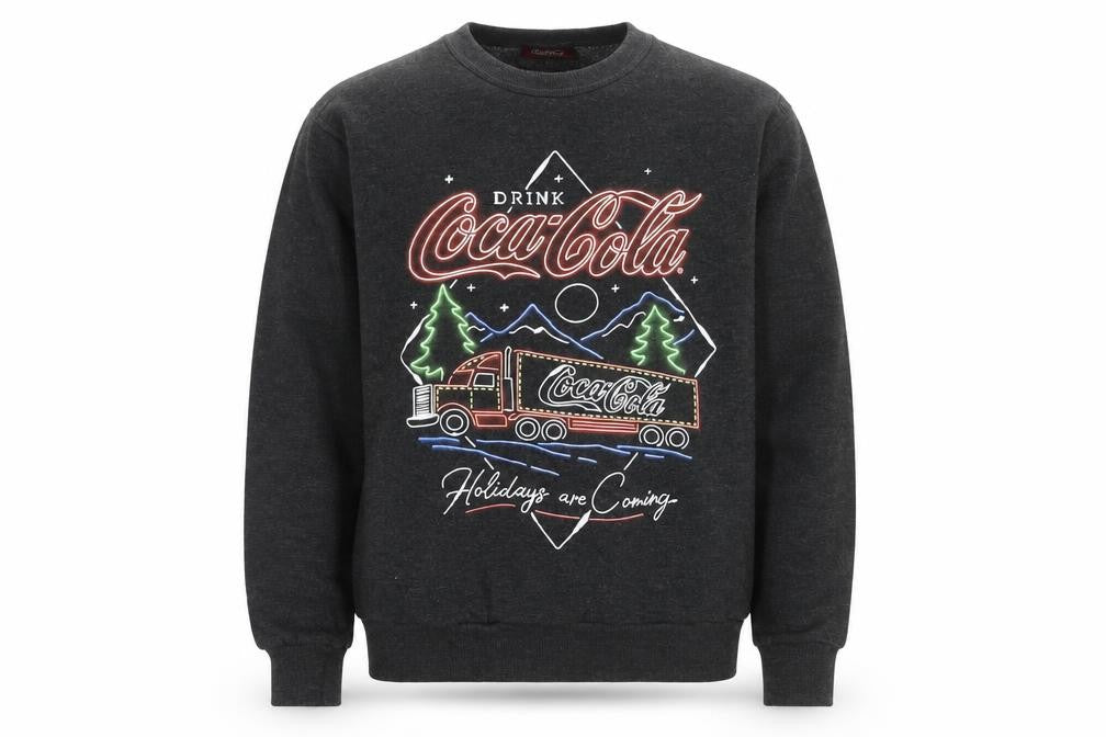 Front view of Coca-Cola Men’s Grey Christmas Graphic Pullover Sweatshirt S