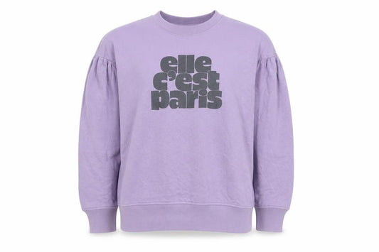 Front view of ELLE unisex adults purple graphic print crew neck sweatshirt l