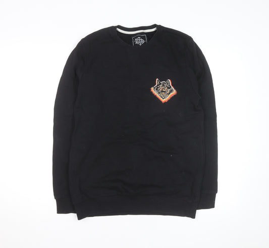 The Bearhug Co Men's Black Medium Crew Neck Embroidered Wolf Sweatshirt