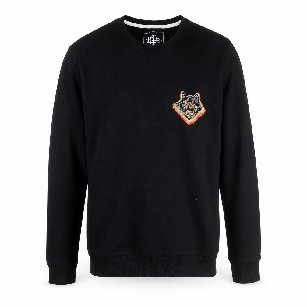 Front view of The Bearhug Co Men's Black Medium Crew Neck Embroidered Wolf Sweatshirt