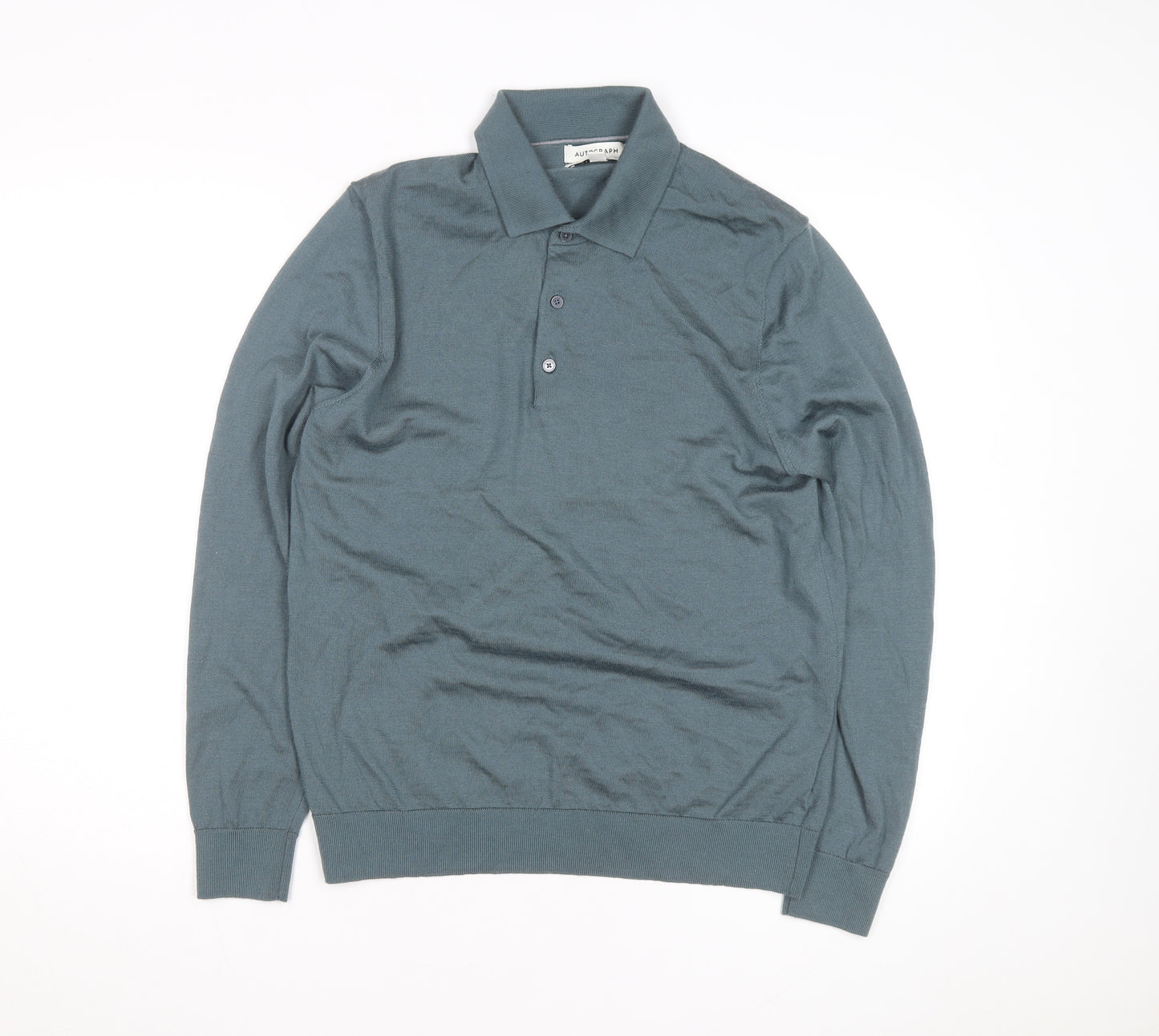 Marks and Spencer Autograph Men's Green Merino Wool Long Sleeve Polo Shirt L