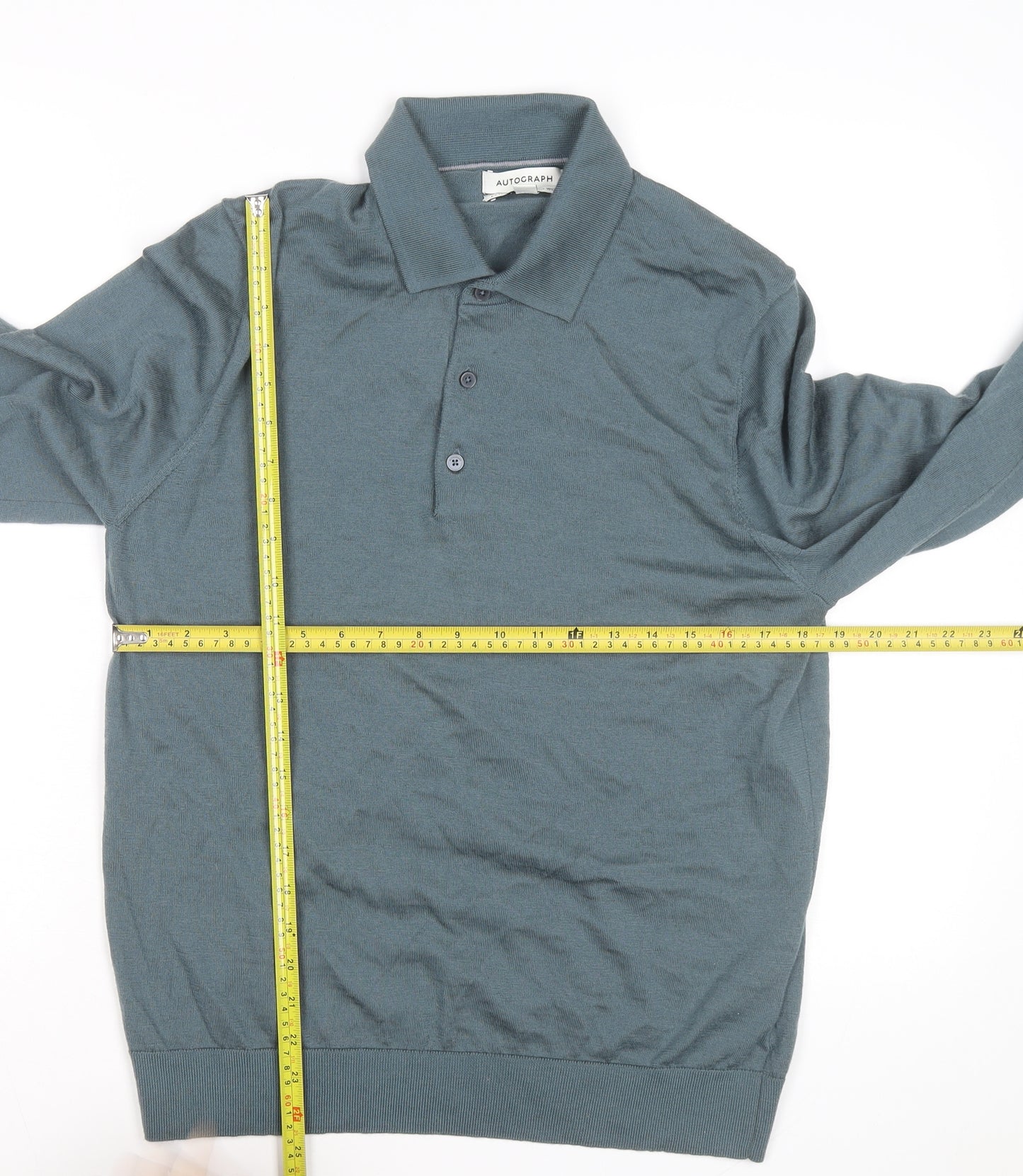 Marks and Spencer Autograph Men's Green Merino Wool Long Sleeve Polo Shirt L