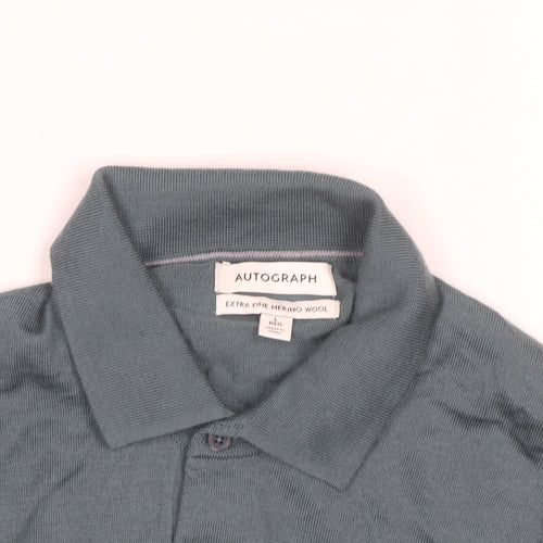 Marks and Spencer Autograph Men's Green Merino Wool Long Sleeve Polo Shirt L