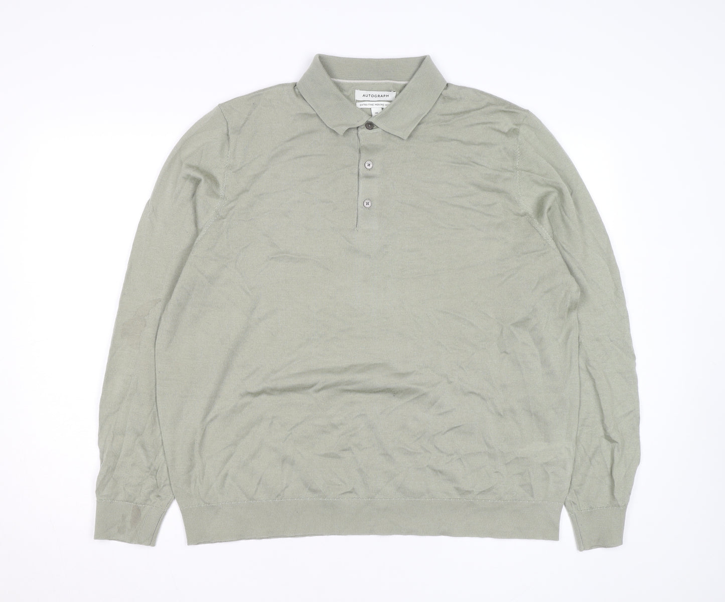 Marks and Spencer Autograph Men's Green 2XL Merino Wool Long Sleeve Polo Shirt