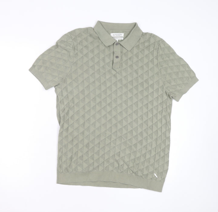 Marks and Spencer Autograph Men's Green Argyle Knit Cotton Polo L