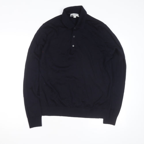 Marks and Spencer Autograph Mens Blue Merino Wool Long Sleeve Polo Shirt L