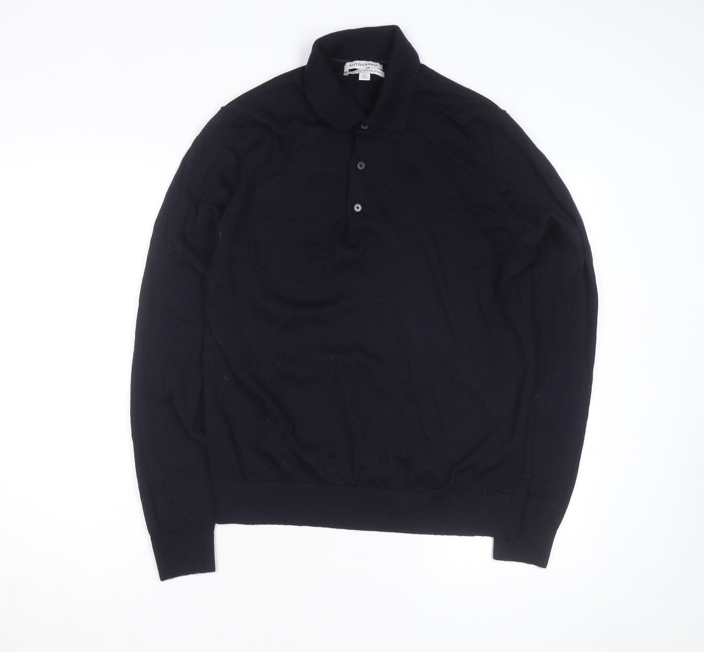 Marks and Spencer Autograph Mens Blue Merino Wool Long Sleeve Polo Shirt L