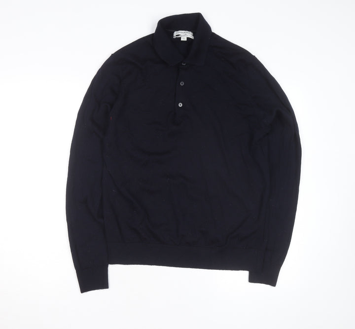 Marks and Spencer Autograph Mens Blue Merino Wool Long Sleeve Polo Shirt L