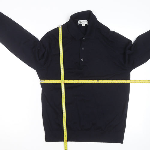 Marks and Spencer Autograph Mens Blue Merino Wool Long Sleeve Polo Shirt L