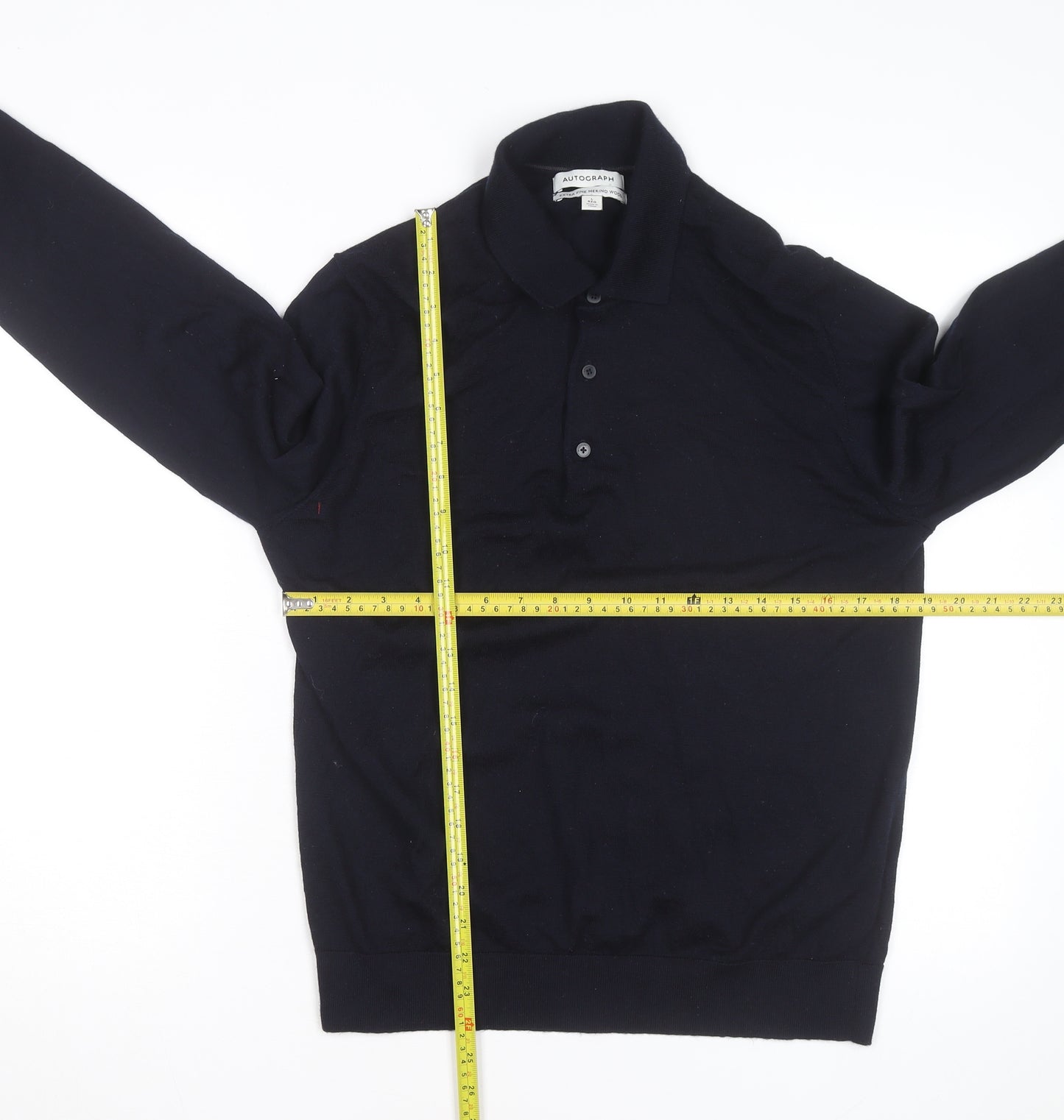 Marks and Spencer Autograph Mens Blue Merino Wool Long Sleeve Polo Shirt L