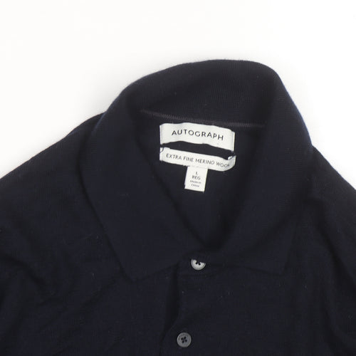 Marks and Spencer Autograph Mens Blue Merino Wool Long Sleeve Polo Shirt L