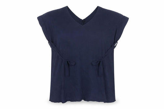 Front view of Annette Görtz Women Navy Blue L Tunic Jumper Belted V-Neck Knit Top