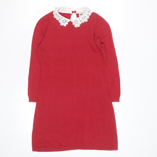 ASOS Women Red Cotton Blend Crochet Collar Knit Shift Dress Size 8