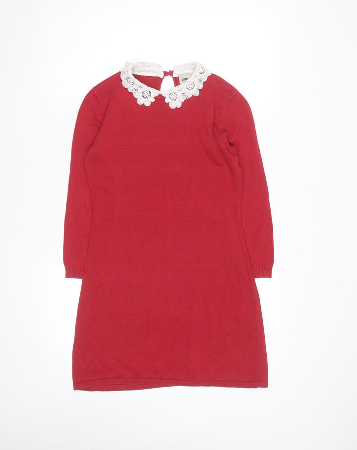 ASOS Women Red Cotton Blend Crochet Collar Knit Shift Dress Size 8