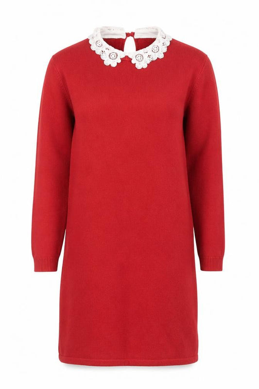 Front view of ASOS Women Red Cotton Blend Crochet Collar Knit Shift Dress, size 8