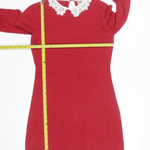 ASOS Women Red Cotton Blend Crochet Collar Knit Shift Dress Size 8