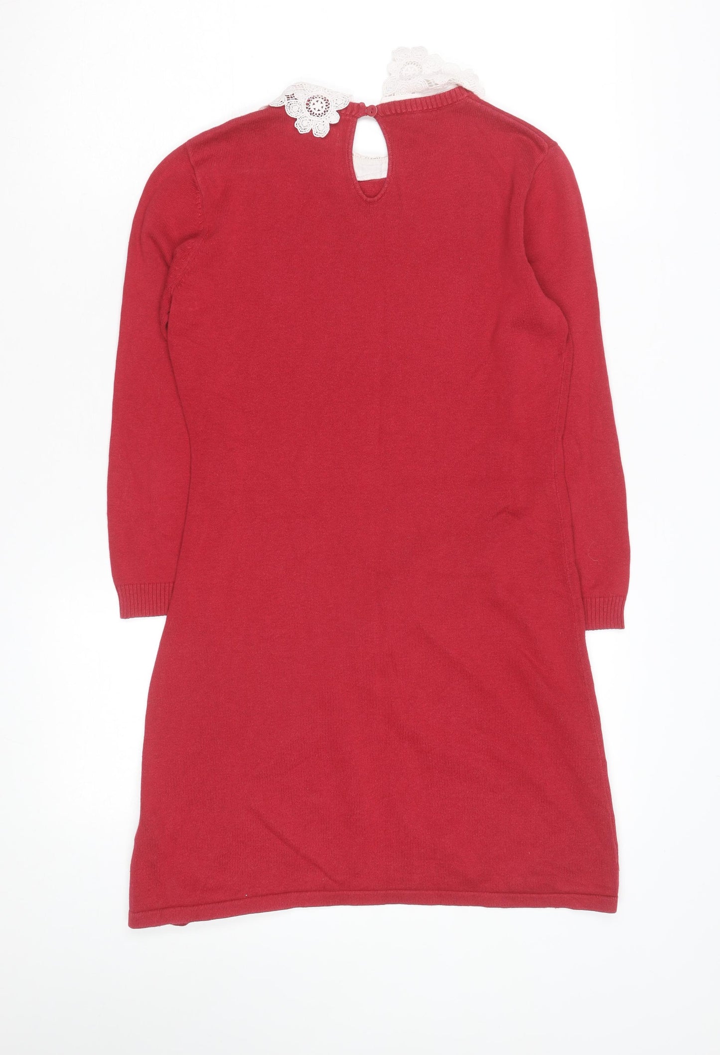 ASOS Women Red Cotton Blend Crochet Collar Knit Shift Dress Size 8