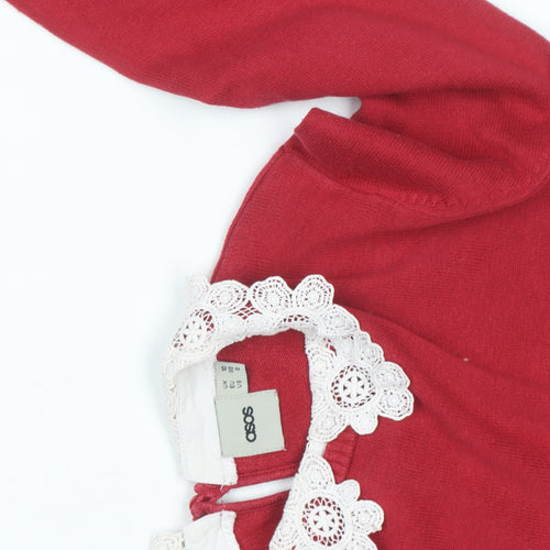 ASOS Women Red Cotton Blend Crochet Collar Knit Shift Dress Size 8