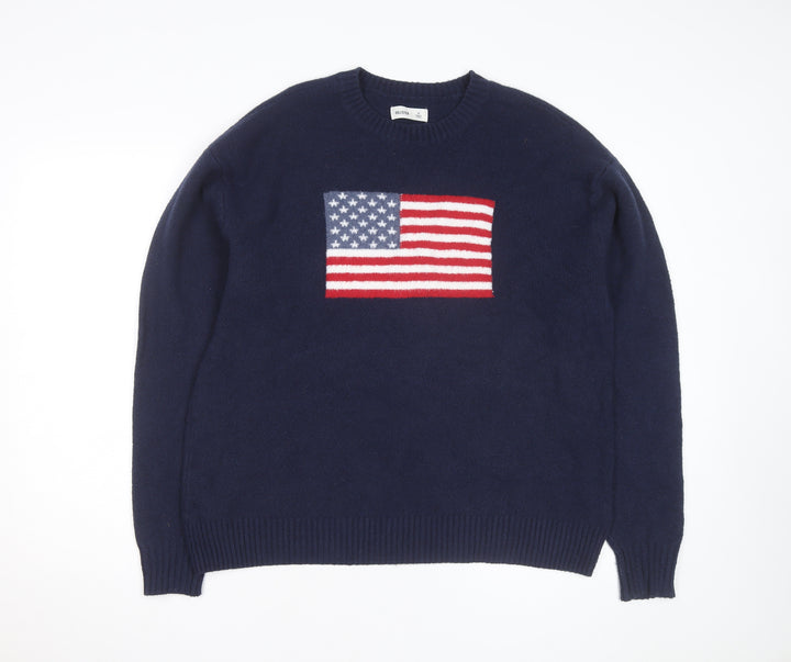Hollister Men’s Blue Wool Flag Jumper Size M Crew Neck Pullover