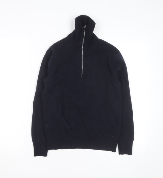 Massimo Dutti Men’s Black Wool 1/2 Zip Jumper Size L High Neck Classic