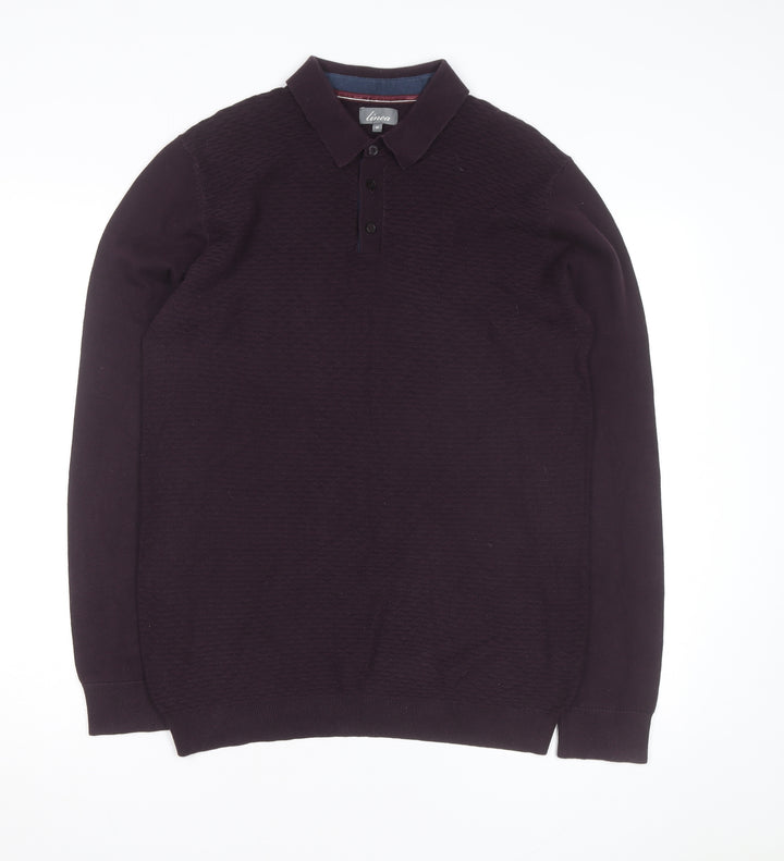 Linea Men's Purple Cotton Long Sleeve Collared Polo Shirt M