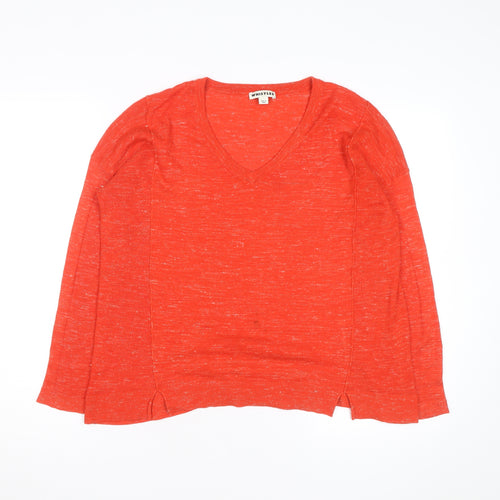 Whistles Women's Orange V-Neck Lightweight Cotton Linen Jumper Size S