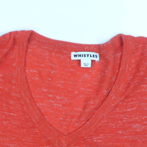 Whistles Women's Orange V-Neck Lightweight Cotton Linen Jumper Size S