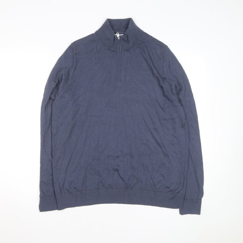 Marks and Spencer Men's Blue Wool 1/2 Zip Jumper XL