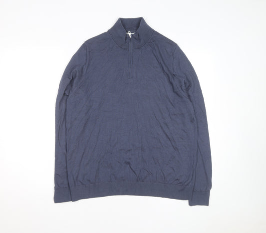 Marks and Spencer Men's Blue Wool 1/2 Zip Jumper XL