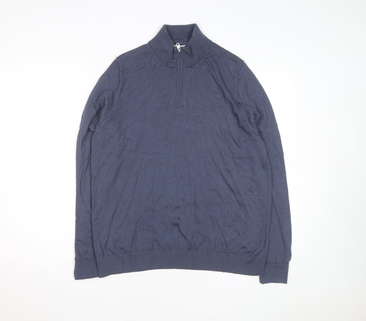 Marks and Spencer Men's Blue Wool 1/2 Zip Jumper XL