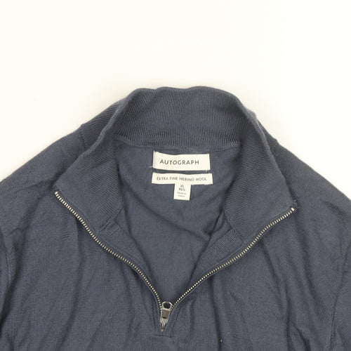 Marks and Spencer Men's Blue Wool 1/2 Zip Jumper XL