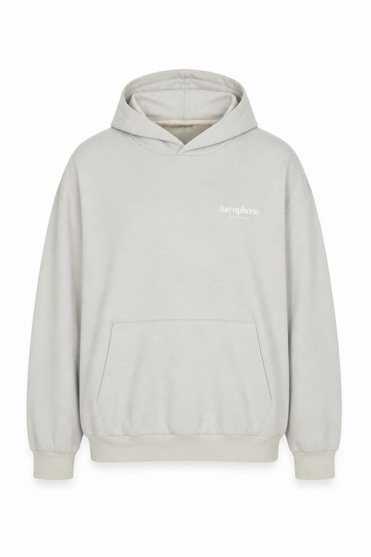 Front view of H&M Men's Beige Relaxed Pullover Hoodie, size L, Graphic Print
