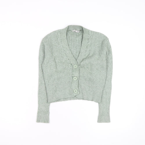 Pull & Bear Women’s Green Ribbed V-Neck Button Cardigan Size S
