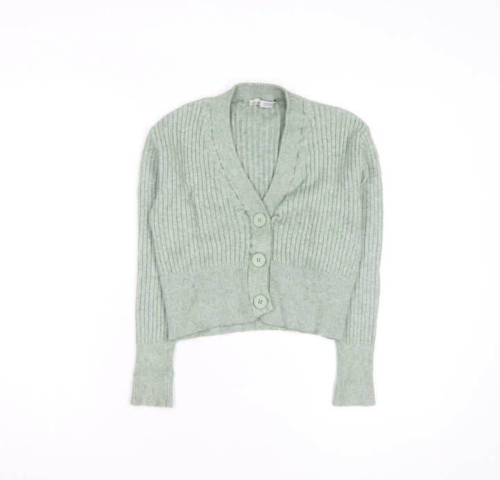 Pull & Bear Women’s Green Ribbed V-Neck Button Cardigan Size S