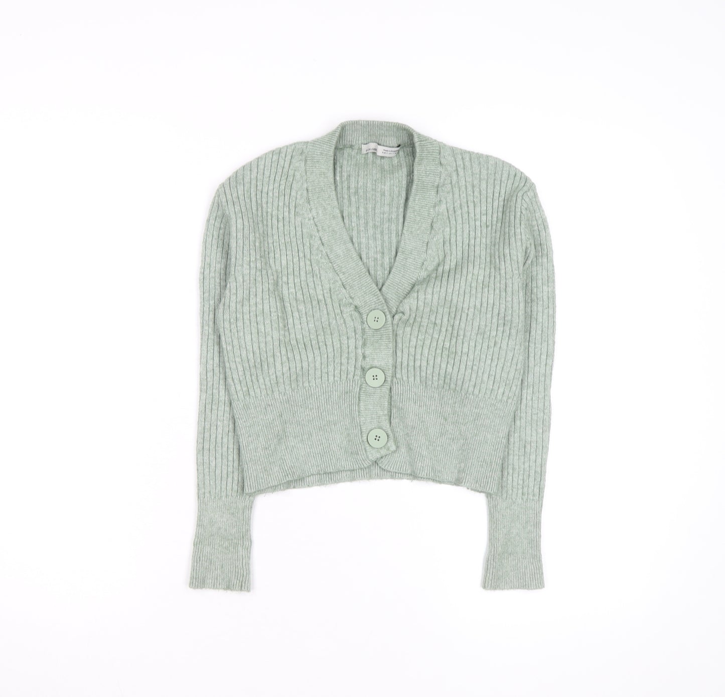 Pull & Bear Women’s Green Ribbed V-Neck Button Cardigan Size S