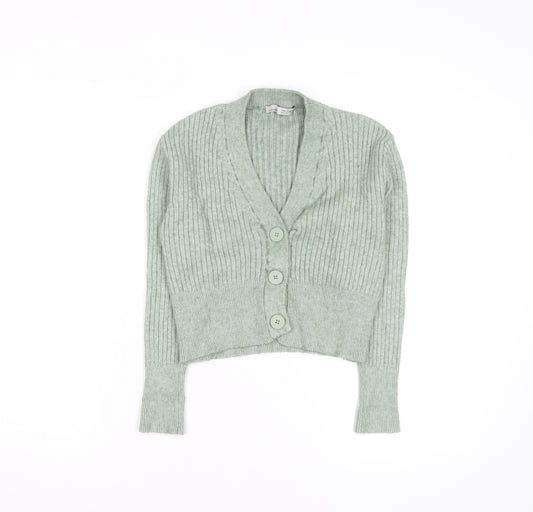 Pull & Bear Women’s Green Ribbed V-Neck Button Cardigan Size S