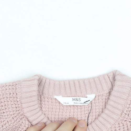 Marks and Spencer Girls Pink 7-8 Years Crew Neck Knitted Jumper