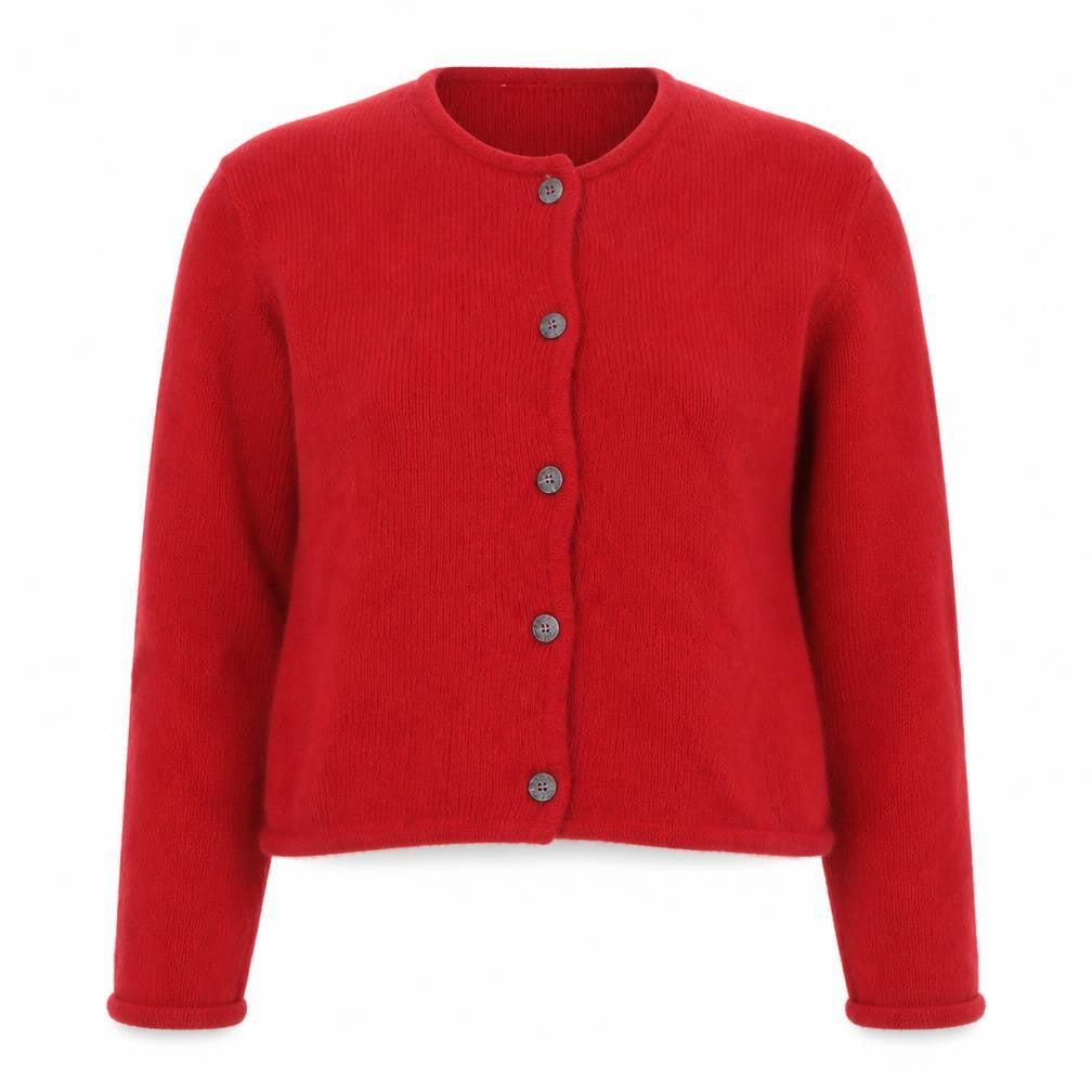 Front view of H&M Women Red Angora Knit Button Cardigan Medium