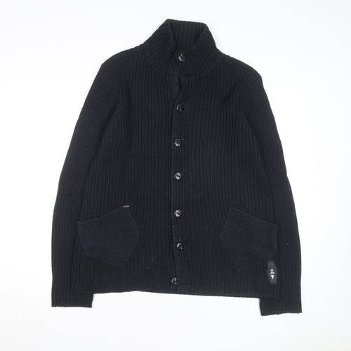 G-Star Men Black L Cotton Ribbed Cardigan Button Up Knit