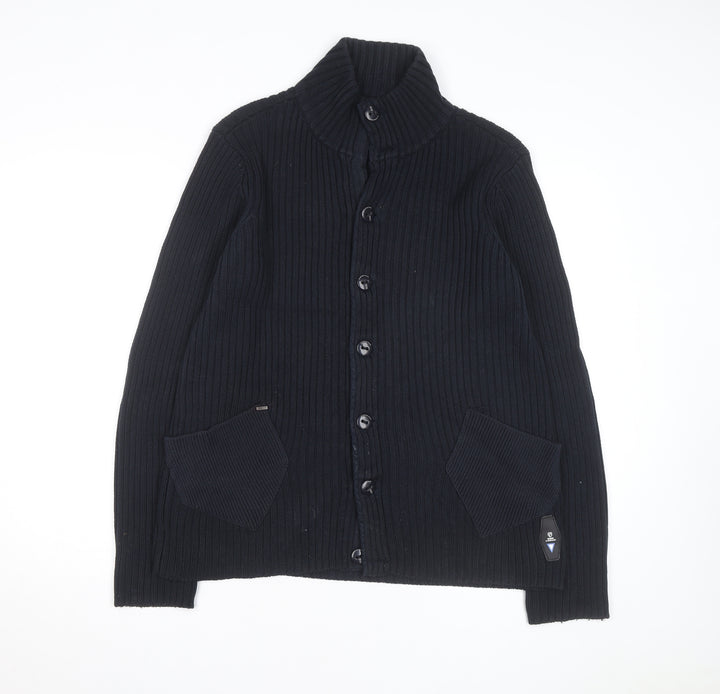 G-Star Men Black L Cotton Ribbed Cardigan Button Up Knit