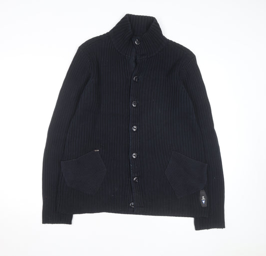 G-Star Men Black L Cotton Ribbed Cardigan Button Up Knit