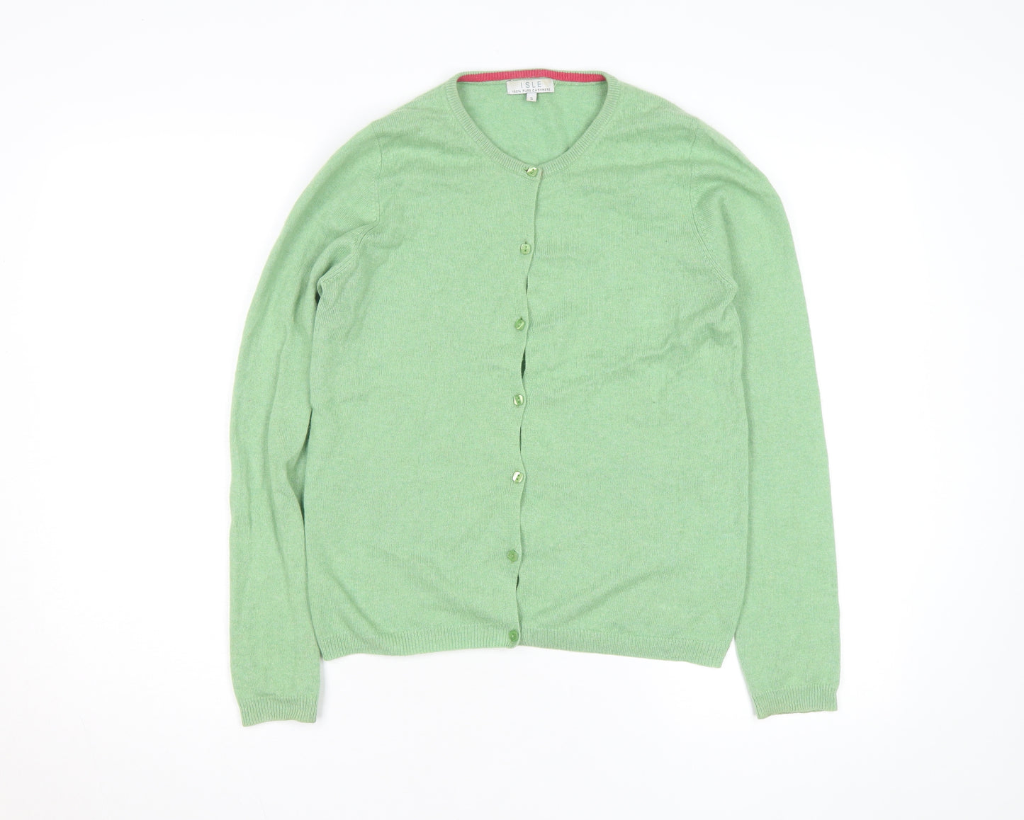 ISLE Men's Green Cashmere Crew Neck Cardigan Size S