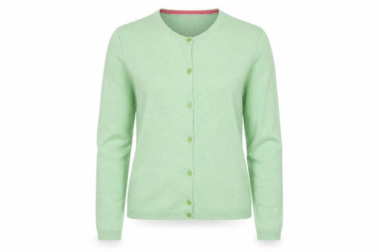 Front view of ISLE Men's Green Cashmere Crew Neck Cardigan, size S