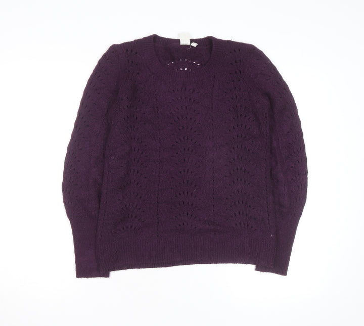GAP Womens Purple Wool Blend Open Knit Crew Neck Jumper XS